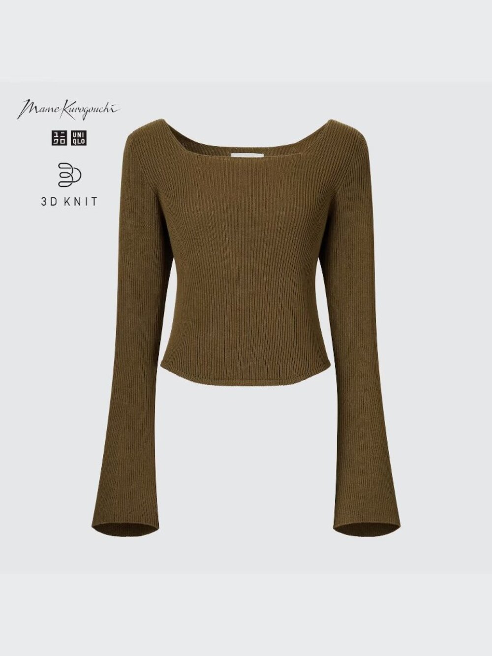 Ribbed Square Neck Sweater with flared sleeves in Brown